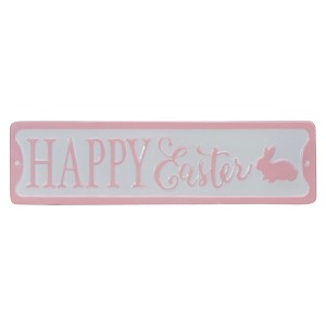 Northlight 13" Pink and White Metal "Happy Easter" Sign with Bunny Rabbit Wall Decor - 1 of 4