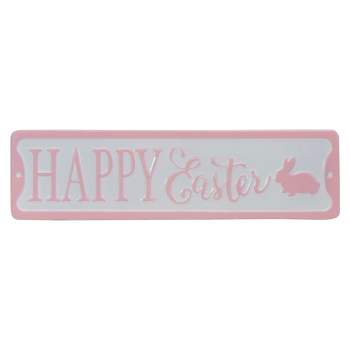 Northlight 13" Pink and White Metal "Happy Easter" Sign with Bunny Rabbit Wall Decor