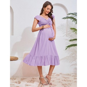 Women's Maternity Smocked Short Sleeve Summer Casual Boho Sweetheart Neck Drawstring Maxi Dress Photoshoot Baby Shower - 1 of 4