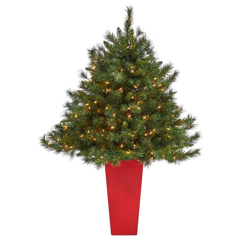 Nearly Natural 4.5-ft Wyoming Mixed Pine Artificial Christmas Tree with 250 Clear Lights and 462 Bendable Branches in Red Tower Planter, 5 of 7