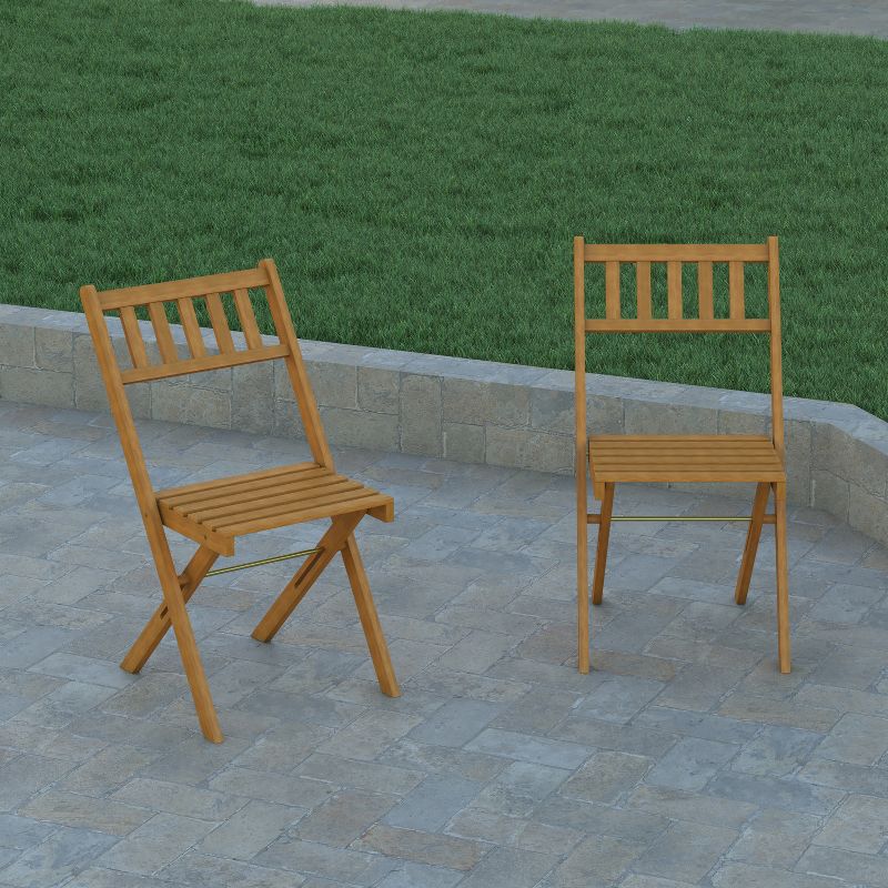 Emma and Oliver Set of 2 All Natural Weather Resistant Acacia Wood Folding Patio Bistro Chairs in a Natural Finish with Protective Teak Oil Layer, 4 of 12