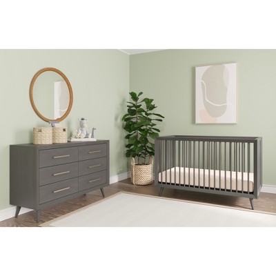 Lunar Gray Mid-Century Modern Convertible Crib and Dresser Set