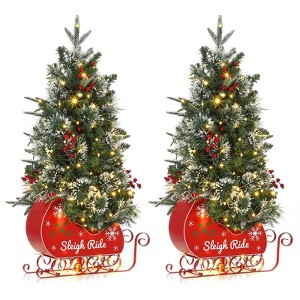 3FT Pre Lit Fiber Optic Artificial Sleigh Ride Base Christmas Tree with 78 Pcs Warm White Lights, 8-Mode Full Prelighted Xmas Tree with USB - 1 of 4
