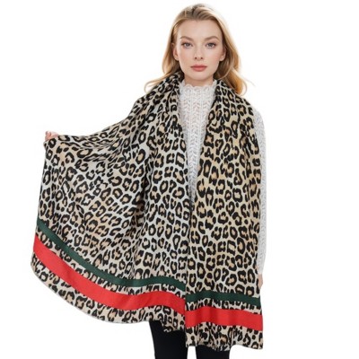 Anna-Kaci Women's Classic Leopard Print Scarf Contrasting Stripes Lightweight Shawl Wrap Scarves