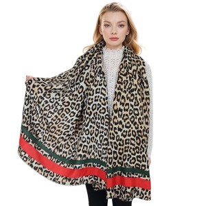 Anna-Kaci Women's Classic Leopard Print Scarf Contrasting Stripes Lightweight Shawl Wrap Scarves - 1 of 4