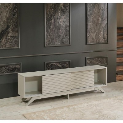 Vynxaria Mid Century Modern TV Stand, 67" Unit with 2 Sliding Door Cabinets and 2 Shelves, Grey Finish