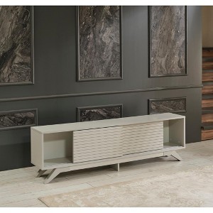 Vynxaria Mid Century Modern TV Stand, 67" Unit with 2 Sliding Door Cabinets and 2 Shelves, Grey Finish - 1 of 4