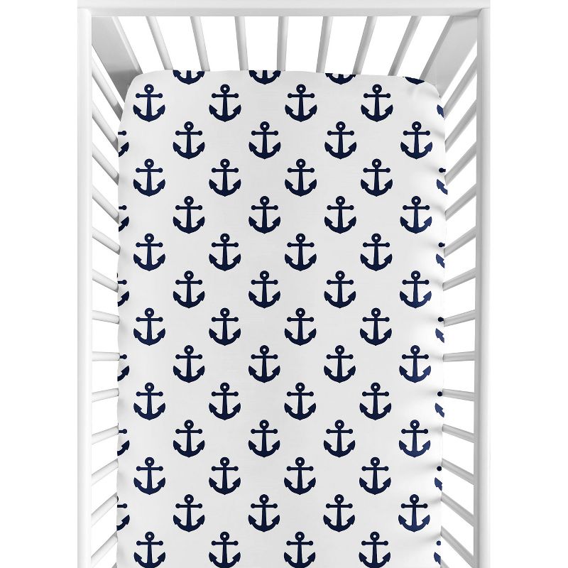 Sweet Jojo Designs Gender Neutral Baby Fitted Crib Sheet Sailor Navy Blue and White, 1 of 8
