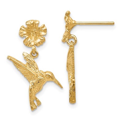 Black Bow Jewelry Hummingbird and Flower Dangle Post Earrings in 14k Yellow Gold