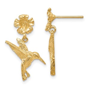 Black Bow Jewelry Hummingbird and Flower Dangle Post Earrings in 14k Yellow Gold - 1 of 4