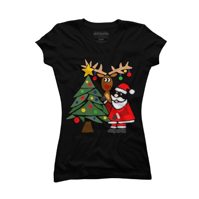 Junior's Design By Humans Funny Cute Santa Claus and Christmas Reindeer by Tree By SmileToday T-Shirt