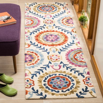 Ivory and Multicolor Hand-Knotted Wool Runner Rug