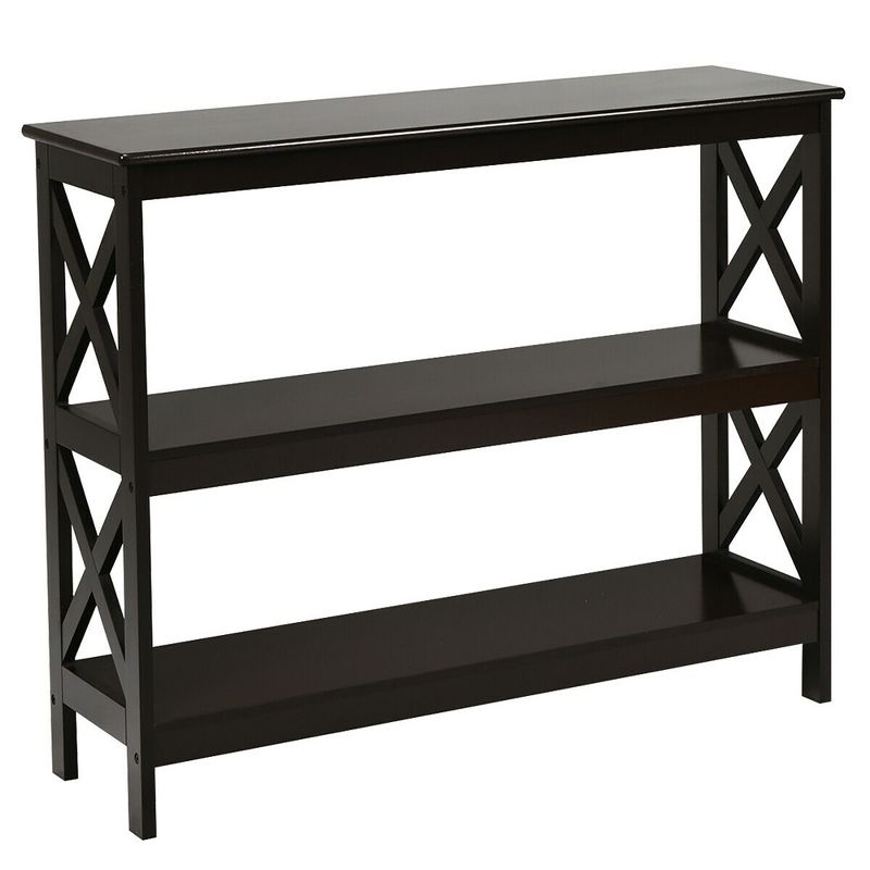 Costway 3-Tier Console Table x-Design Bookshelf Sofa Side Accent Table w/Shelf Espresso\Black, 1 of 11