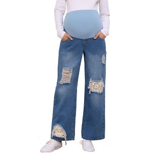 INSPIRE CHIC Women's Maternity Jeans Ripped Distressed Lace Patchwork Over the Belly Support Pregnancy Denim Pants - 1 of 4
