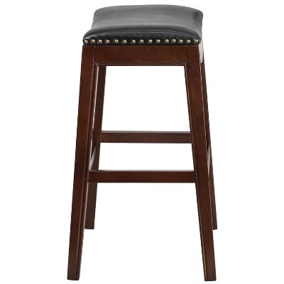 30'' Cappuccino Wood Backless Barstool with Black Leather Saddle Seat
