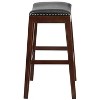 Merrick Lane 30'' Backless Saddle Style Barstool Traditional Cappuccino Finish Wood Barstool in Black Faux Leather with Nail Accent Trim - 4 of 4