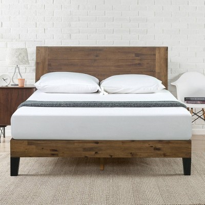 King Brown Wood Platform Bed Frame with Headboard and Slats