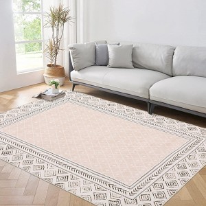 EcoSummer 60"x84" Living Room Washable Rug, Solid Bordered Farmhouse Area Rug, Soft Non-Slip Low Pile Indoor Carpet for Bedroom, Dining Room, Beige - 1 of 4