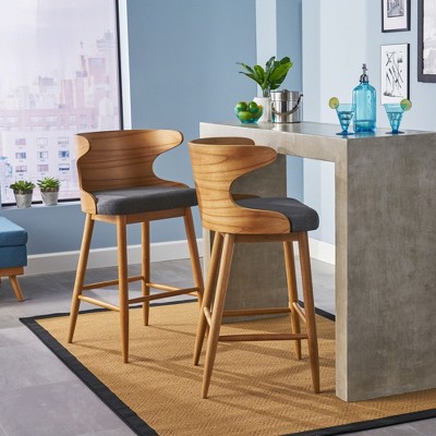 Mid-Century Rubberwood Barstools (Set of 2) with Upholstered Seat and Splayed Legs, Durable Comfort for Lounge or Bar Area