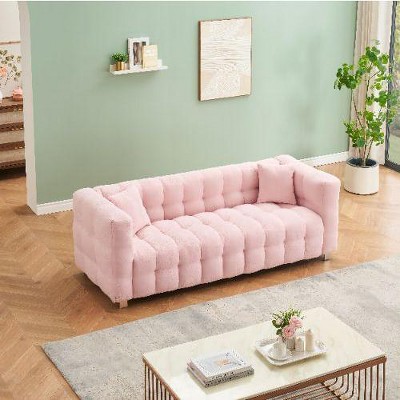 CAVINAS Teddy Fleece Loveseat Sofa with 2 Throw Pillows, Vintage Sofa Couch with Sturdy Hardware Foot Support for Living Room, Bedroom