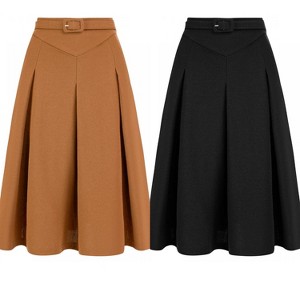 INSPIRE CHIC Women's Belted Waist Casual Knee Length Pleated A-Line Skirt 2 Packs - 1 of 4