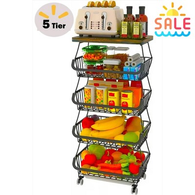DOMETOUR 5 Tier Fruit Basket for Kitchen Organizers and Storage, Stackable Metal Wire Basket Stand Cart with Wheels for Fruit Vegetable