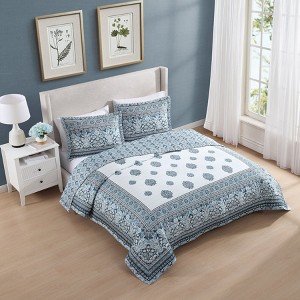 Bebejan Aquamarine Medallion 100% Cotton 3-Piece Reversible Quilted Coverlet Set - 1 of 4