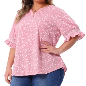 Women's Plus Size Polka Dots Notched Neck Smocked Short Sleeve Ruffled Cuff Casual Blouses - Agnes Orinda - 1 of 4