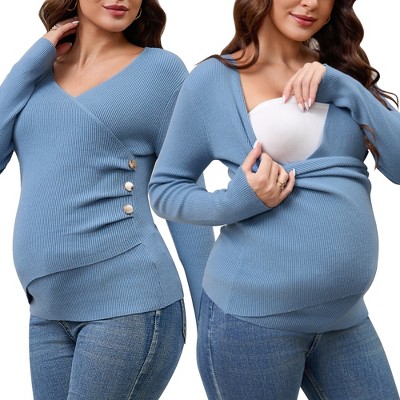 INSPIRE CHIC Womens Maternity Sweater Nursing Wrap Long Sleeve Tops Crossover Button Stretch Ruched Breastfeeding Blouses