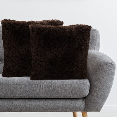 Chocolate Faux Fur Shaggy Throw Pillows Set of 2, 18" x 18"