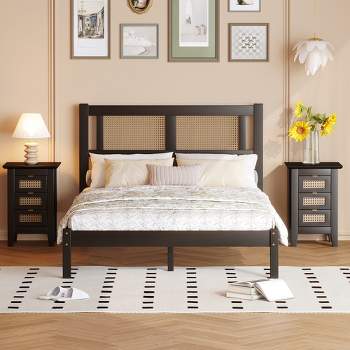 3pcs Bedroom Sets, Queen/Full Size Wooden Platform Bed with Natural Rattan Headboard and 2 Nightstands 4A -ModernLuxe