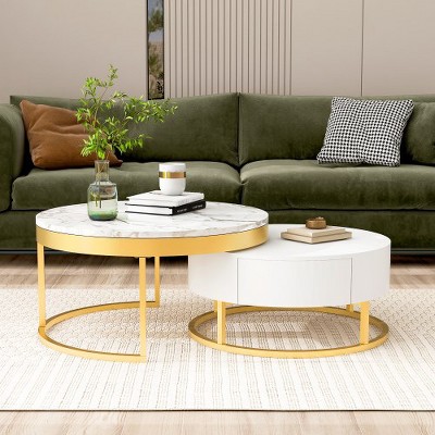 Modern Round Nesting Coffee Table, Cocktail Table With 2 Drawers ...