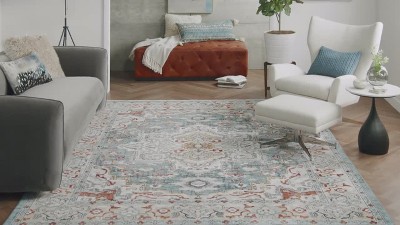 Geneva Brick Red and Silver Grey Floral Medallion Rug