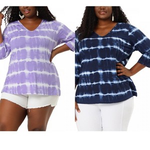 Women's Plus Size 2 Pieces Tie Dye Side Slit 3/4 Sleeve V Neck Casual Stripe Blouse - Agnes Orinda - 1 of 4