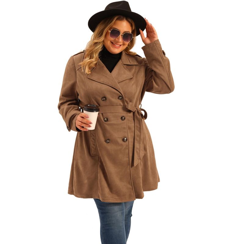 Agnes Orinda Women's Plus Size Faux Suede Notched Lapel Double Breasted Belt Trench Coats, 3 of 6