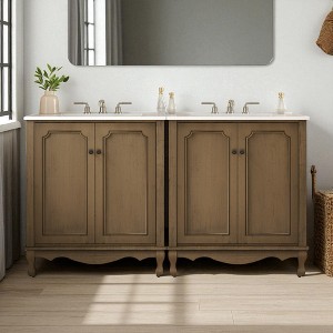60" Double Sink Bathroom Vanity Set with Two Separate Ceramic Basins, Storage Cabinet with Antique Knobs, Rubber Wood Legs & Adjustable Shelves - 1 of 4