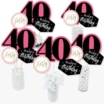 Big Dot of Happiness Chic 40th Birthday - Pink, Black and Gold - Birthday Party Centerpiece Sticks - Table Toppers - Set of 15