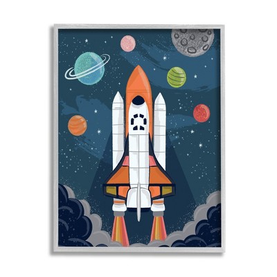 Stupell Industries Rocket Ship Ready for Flight Outer Space Planets Black Framed Giclee Art
