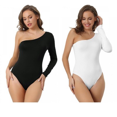 Allegra K Women's One Shoulder Stretchy Long Sleeve One Piece Body Shapers 2 Packs