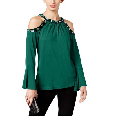 I.N.C International Concepts Womens Embellished Cold Shoulder Blouse, Green, Small