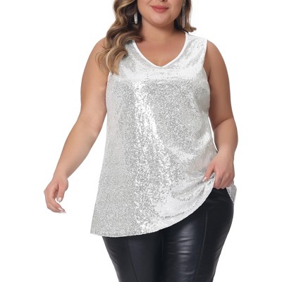 Agnes Orinda Women's Plus Size Sequin Sparkly One Shoulder Short Sleeve  Party Blouses Silver 1X