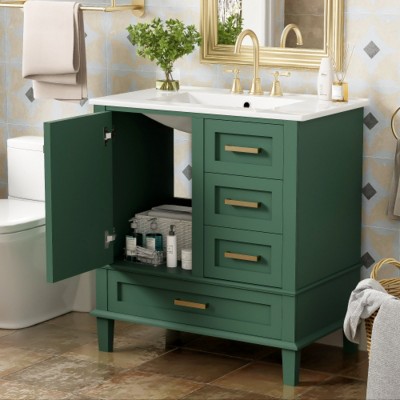 Bathroom Vanity with Sink Combo, Solid Wood Freestanding Cabinet with Drawers & Soft-Close Doors, Modern Storage Vanity Set-Maison Boucle