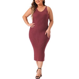 Agnes Orinda Women's Plus Size V Neck Sleeveless Ribbed Knit Back Slit Midi Cami Bodycon Sweater Dresses - 1 of 4