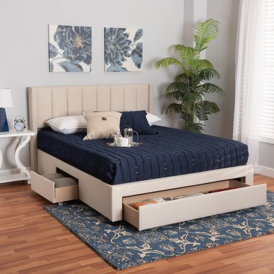 Beige Upholstered Full Wingback Bed with 3 Storage Drawers