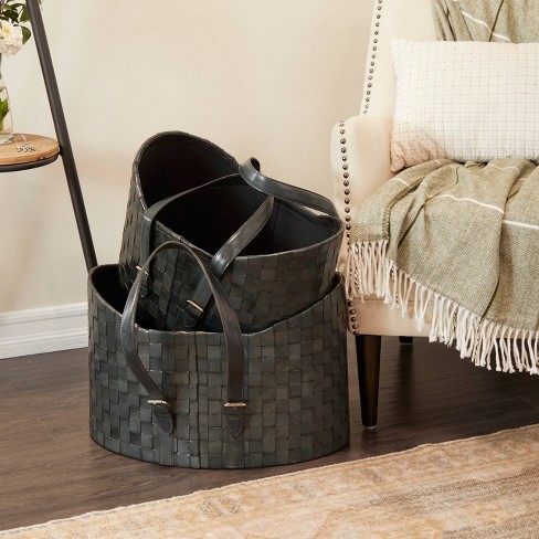 Black Leather Basket Woven Leather Basket Storage Basket 