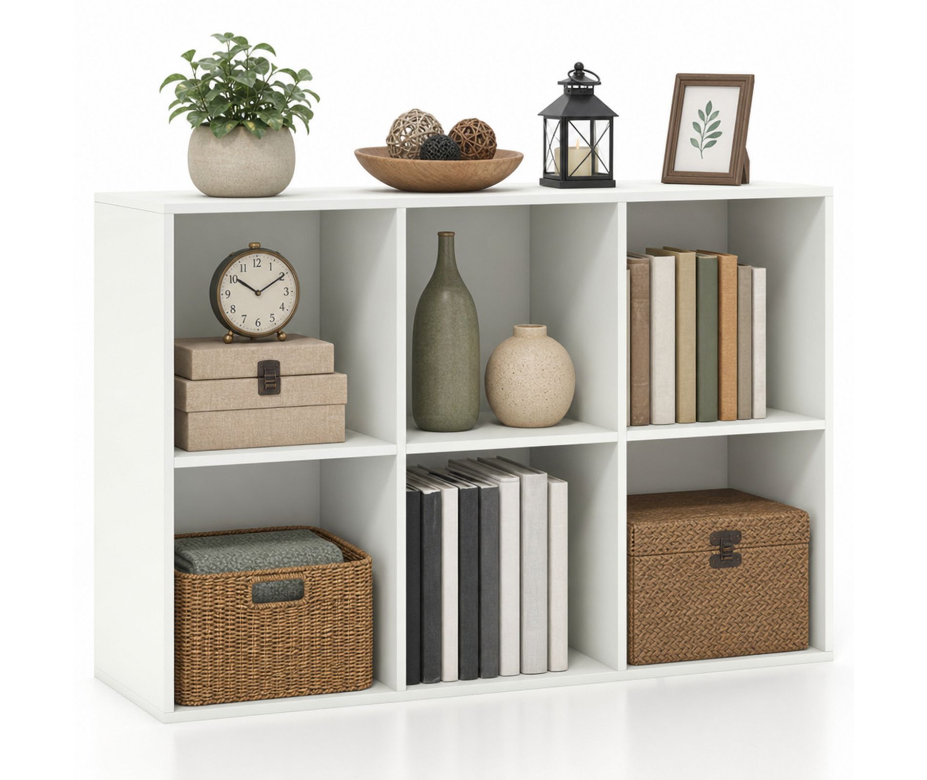 6-Cube Bookshelf 36 Inch Wide Horizontal Bookcase with Storage and Anti-Tipping Kit for Living Room, White