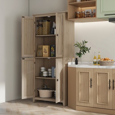 Natural Medium Wood Freestanding Kitchen Pantry Cabinet with Adjustable Shelves