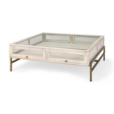 HomeRoots 44" Off White Clear And Gold Solid Wood Glass And Iron Storage Coffee Table