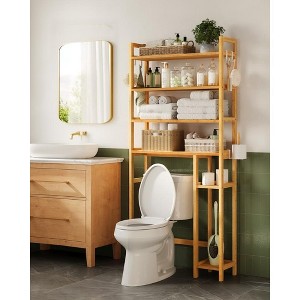 Over The Toilet Storage Shelf with Toilet Paper Holder, Bamboo Bathroom Organizer with Adjustable Shelves, 4 Hooks, Space-Saving Storage Rack - 1 of 4