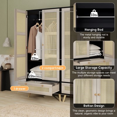 Vynxaria 70.8" Tall Boho Armoire with Rattan Doors & Drawer for Stylish Storage